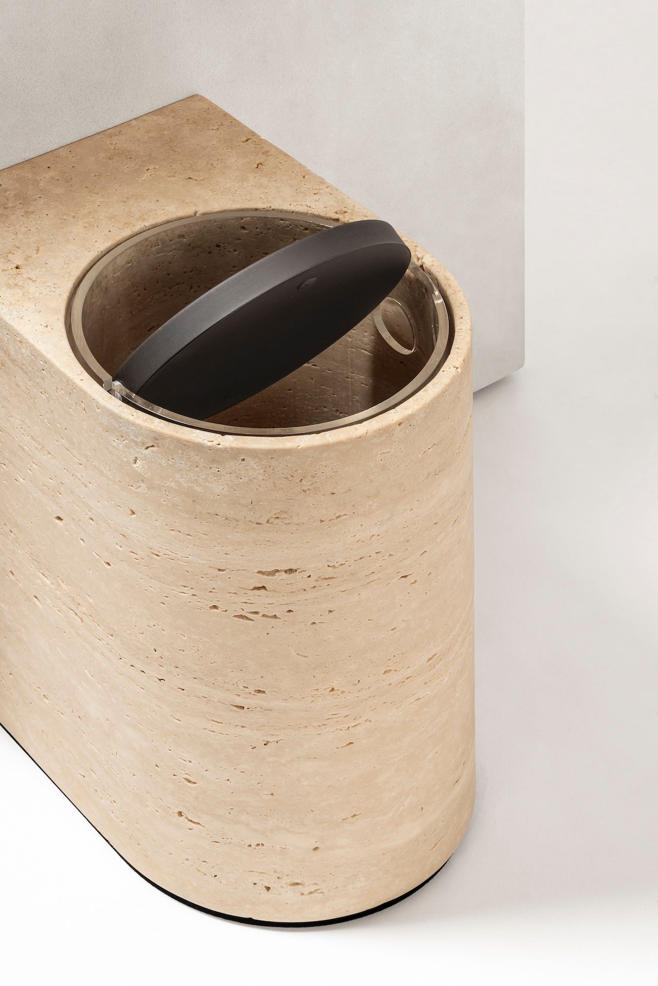 Giobagnara Noble | Bin: Travertine marble with brushed bronze detailing, removable plastic insert, smooth finish | Bathroom / Bins | 2Jour Concierge, your luxury lifestyle shop | luxury interiors, hospitality décor, elegant living, designer home accessories, boutique hotels, refined lifestyle, yacht décor, office décor, executive interiors