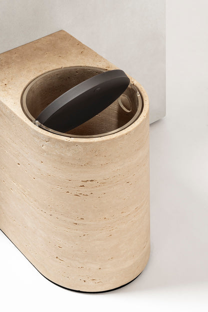 Giobagnara Noble | Bin: Travertine marble with brushed bronze detailing, removable plastic insert, smooth finish | Bathroom / Bins | 2Jour Concierge, your luxury lifestyle shop | luxury interiors, hospitality décor, elegant living, designer home accessories, boutique hotels, refined lifestyle, yacht décor, office décor, executive interiors