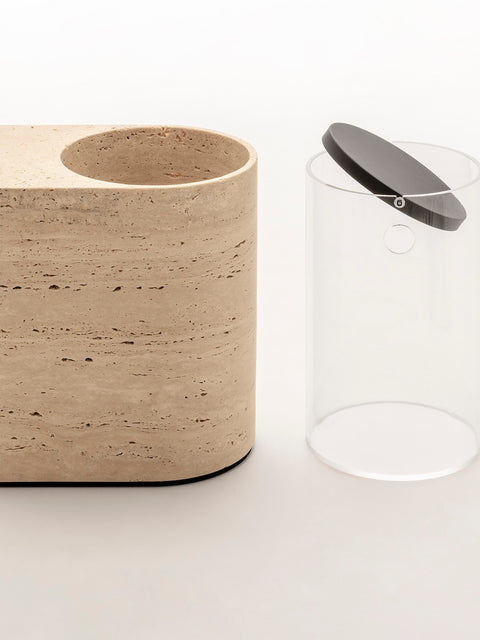 Giobagnara Noble | Bin: Travertine marble with brushed bronze detailing, removable plastic insert, smooth finish | Bathroom / Bins | 2Jour Concierge, your luxury lifestyle shop | luxury interiors, hospitality décor, elegant living, designer home accessories, boutique hotels, refined lifestyle, yacht décor, office décor, executive interiors