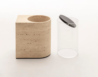 Giobagnara Noble | Bin: Travertine marble with brushed bronze detailing, removable plastic insert, smooth finish | Bathroom / Bins | 2Jour Concierge, your luxury lifestyle shop | luxury interiors, hospitality décor, elegant living, designer home accessories, boutique hotels, refined lifestyle, yacht décor, office décor, executive interiors