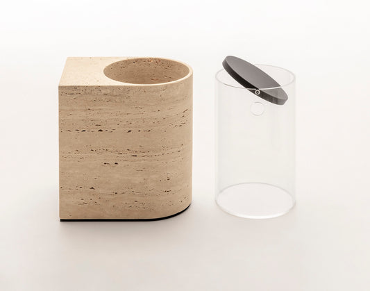 Giobagnara Noble | Bin: Travertine marble with brushed bronze detailing, removable plastic insert, smooth finish | Bathroom / Bins | 2Jour Concierge, your luxury lifestyle shop | luxury interiors, hospitality décor, elegant living, designer home accessories, boutique hotels, refined lifestyle, yacht décor, office décor, executive interiors