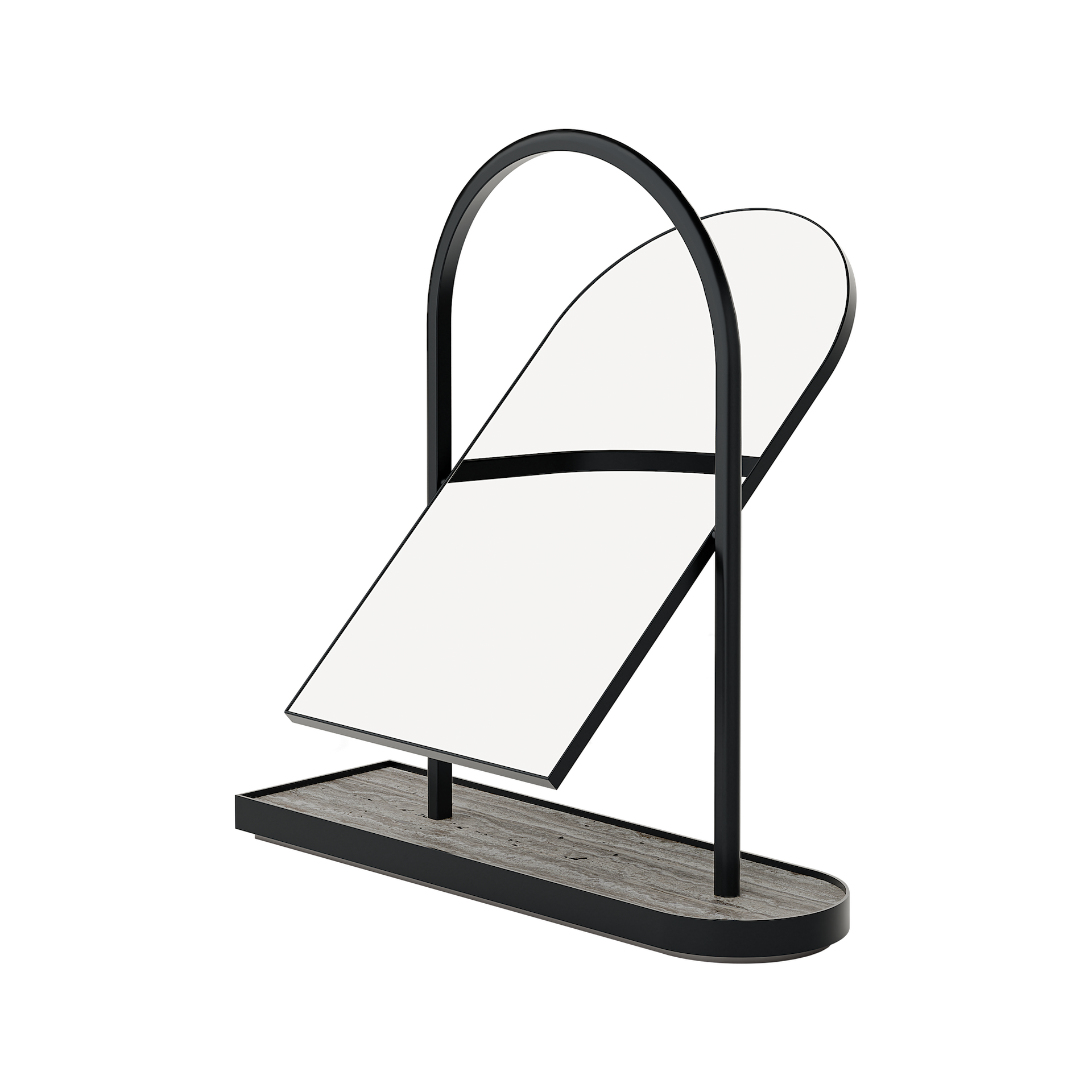 Giobagnara Noble | Freestanding Mirror: Travertine marble with brushed bronze detailing and smooth finish | Bathroom / Freestanding Mirrors | 2Jour Concierge, your luxury lifestyle shop | luxury interiors, hospitality décor, elegant living, designer home accessories, boutique hotels, refined lifestyle, yacht décor, office décor, executive interiors