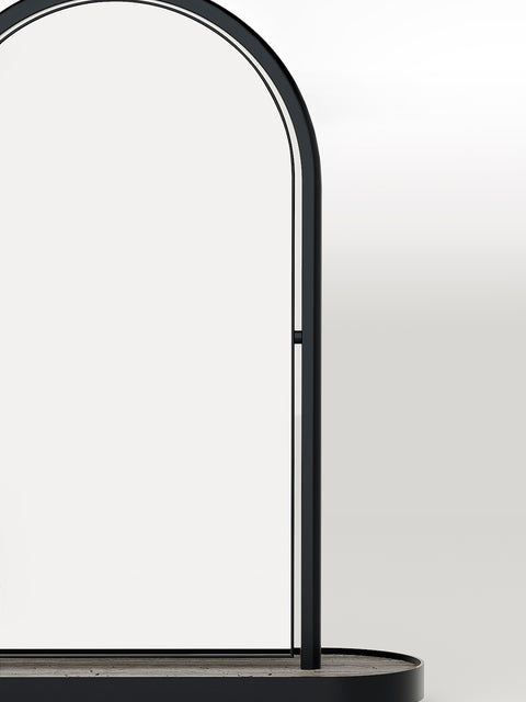 Giobagnara Noble | Freestanding Mirror: Travertine marble with brushed bronze detailing and smooth finish | Bathroom / Freestanding Mirrors | 2Jour Concierge, your luxury lifestyle shop | luxury interiors, hospitality décor, elegant living, designer home accessories, boutique hotels, refined lifestyle, yacht décor, office décor, executive interiors