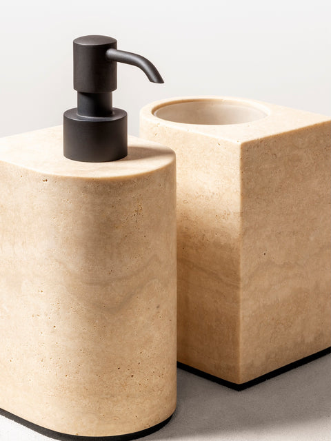 Giobagnara Noble | Soap Dispenser: Marble with brushed bronze detailing and smooth finish | Bathroom / Bathroom Collection | 2Jour Concierge, your luxury lifestyle shop | luxury interiors, hospitality décor, elegant living, designer home accessories, boutique hotels, refined lifestyle, yacht décor, office décor, executive interiors
