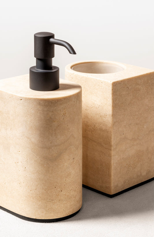 Giobagnara Noble | Soap Dispenser: Marble with brushed bronze detailing and smooth finish | Bathroom / Bathroom Collection | 2Jour Concierge, your luxury lifestyle shop | luxury interiors, hospitality décor, elegant living, designer home accessories, boutique hotels, refined lifestyle, yacht décor, office décor, executive interiors