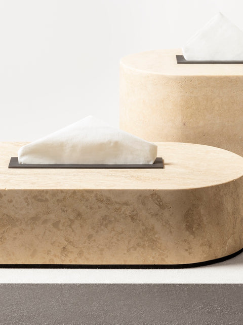 Giobagnara Noble | Tissue Holder: Travertine marble with brushed bronze detailing and smooth finish, available in small high and large low sizes | Bathroom / Tissue Holders | 2Jour Concierge, your luxury lifestyle shop | luxury interiors, hospitality décor, elegant living, designer home accessories, boutique hotels, refined lifestyle, yacht décor, office décor, executive interiors