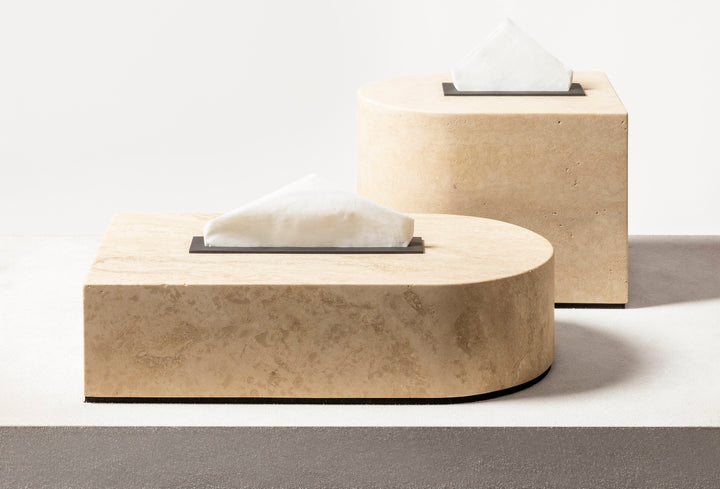 Giobagnara Noble | Tissue Holder: Travertine marble with brushed bronze detailing and smooth finish, available in small high and large low sizes | Bathroom / Tissue Holders | 2Jour Concierge, your luxury lifestyle shop | luxury interiors, hospitality décor, elegant living, designer home accessories, boutique hotels, refined lifestyle, yacht décor, office décor, executive interiors