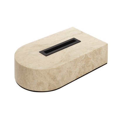 Giobagnara Noble | Tissue Holder: Travertine marble with brushed bronze detailing and smooth finish, available in small high and large low sizes | Bathroom / Tissue Holders | 2Jour Concierge, your luxury lifestyle shop | luxury interiors, hospitality décor, elegant living, designer home accessories, boutique hotels, refined lifestyle, yacht décor, office décor, executive interiors