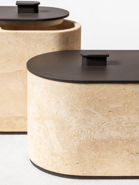 Giobagnara Noble | Marble Box: Travertine marble with brushed bronze detailing and smooth finish, available in high and low versions | Bathroom / Bathroom Collection | 2Jour Concierge, your luxury lifestyle shop | luxury interiors, hospitality décor, elegant living, designer home accessories, boutique hotels, refined lifestyle, yacht décor, office décor, executive interiors