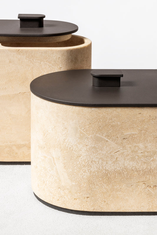 Giobagnara Noble | Marble Box: Travertine marble with brushed bronze detailing and smooth finish, available in high and low versions | Bathroom / Bathroom Collection | 2Jour Concierge, your luxury lifestyle shop | luxury interiors, hospitality décor, elegant living, designer home accessories, boutique hotels, refined lifestyle, yacht décor, office décor, executive interiors