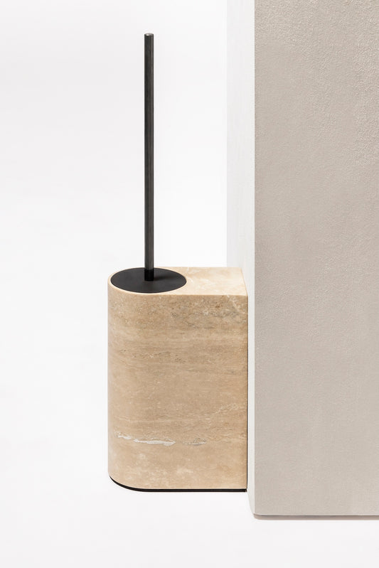 Giobagnara Noble | Toilet Brush: Travertine marble with brushed bronze detailing and smooth finish | Bathroom / Bathroom Collection | 2Jour Concierge, your luxury lifestyle shop | luxury interiors, hospitality décor, elegant living, designer home accessories, boutique hotels, refined lifestyle, yacht décor, office décor, executive interiors