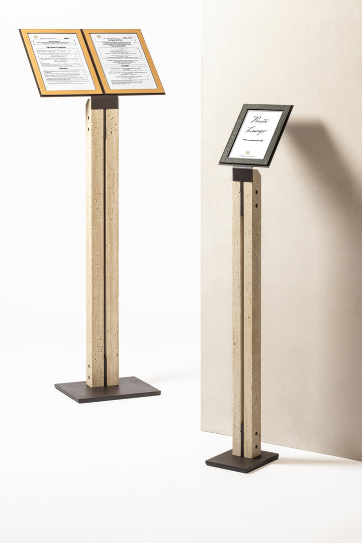 Pillar Metal & Marble Picture | Menu Frame Stand w Leather Inserts