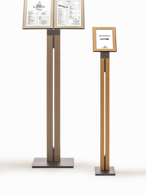 Giobagnara Pillar Leather & Stone Picture | Menu Stand | Exquisite collection blending sophistication with contemporary design | Metal frame with luxurious leather accents or a refined combination of leather and travertine stone | Available in two heights and single or double configurations | Ideal for showcasing restaurant menus or spa and hospitality information | Designed by Simone Fanciullacci | Home Decor, Hospitality, and Accessories | 2Jour Concierge, your luxury lifestyle shop