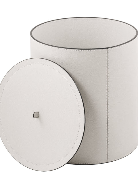 Giobagnara | Harris All-Leather Round Bin with Lid: Round all-leather bin with fitted lid and leather knob | Storage / Office | 2Jour Concierge, your luxury lifestyle shop | luxury leather bin, all leather wastepaper bin, Giobagnara Harris, round leather bin with lid, Italian luxury office accessories, designer leather bin, leather storage bin, luxury office bin