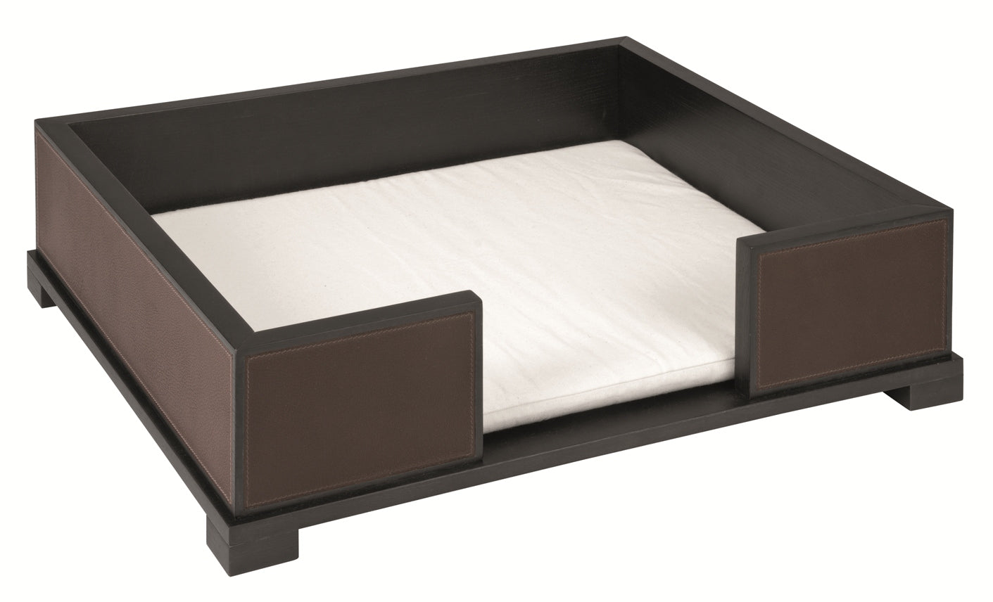 Giobagnara Oscar Oak Wood Dog Bed With Leather Inserts | Oak frame available in three finishes | Embedded leather on the outside for added elegance | Includes pillow with removable cushion cover | Explore Luxury Pet Accessories at 2Jour Concierge, #1 luxury high-end gift & lifestyle shop