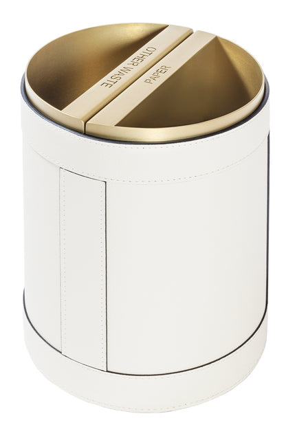 Giobagnara Brus Separate Waste Bin | All-leather structure with removable inner metal containers | Available in three metal finishes: chrome, bronze, brass | Designed for sorting separate waste | Home Decor and Storage | 2Jour Concierge, your luxury lifestyle shop