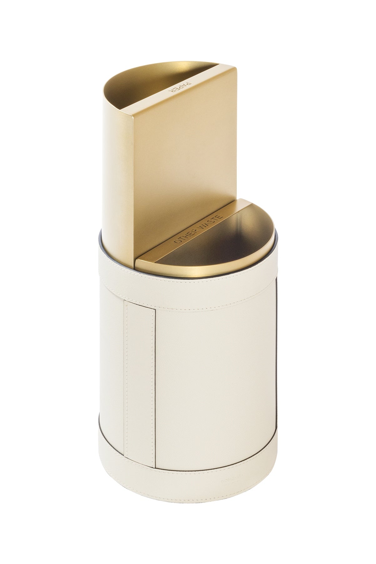 Giobagnara Brus Separate Waste Bin | All-leather structure with removable inner metal containers | Available in three metal finishes: chrome, bronze, brass | Designed for sorting separate waste | Home Decor and Storage | 2Jour Concierge, your luxury lifestyle shop