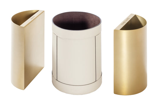 Giobagnara Brus Separate Waste Bin | All-leather structure with removable inner metal containers | Available in three metal finishes: chrome, bronze, brass | Designed for sorting separate waste | Home Decor and Storage | 2Jour Concierge, your luxury lifestyle shop