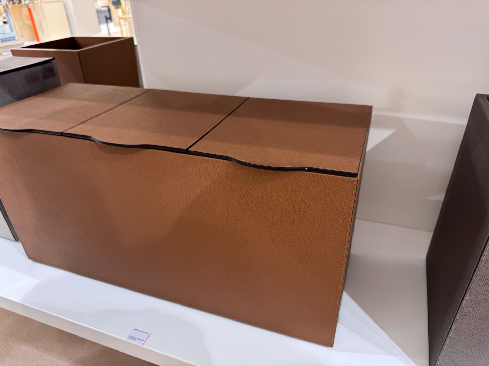 Giobagnara Luna Bins | Leather-covered wood structure with hinged lids | Features removable black opaque plastic containers for easy cleaning and designed for sorting separate waste | Available in double and triple configurations | Home Decor and Storage | 2Jour Concierge, your luxury lifestyle shop