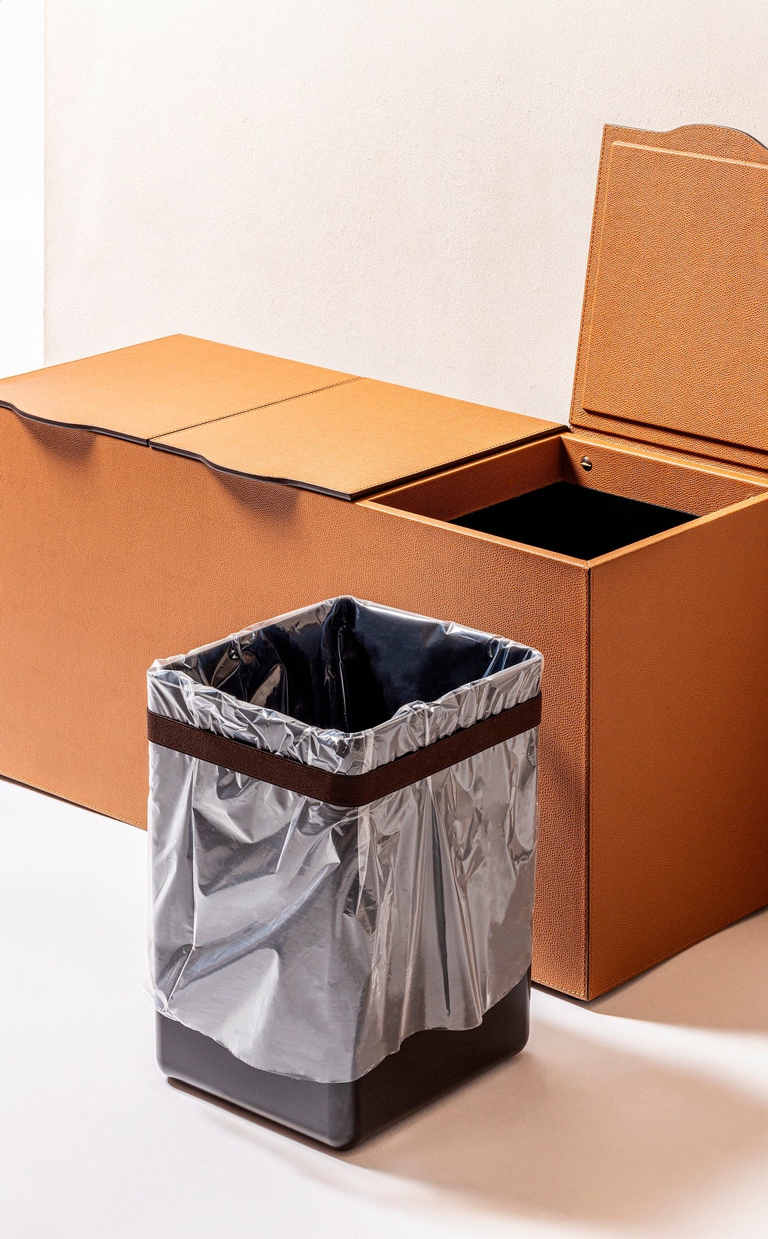 Giobagnara Luna Bins | Leather-covered wood structure with hinged lids | Features removable black opaque plastic containers for easy cleaning and designed for sorting separate waste | Available in double and triple configurations | Home Decor and Storage | 2Jour Concierge, your luxury lifestyle shop