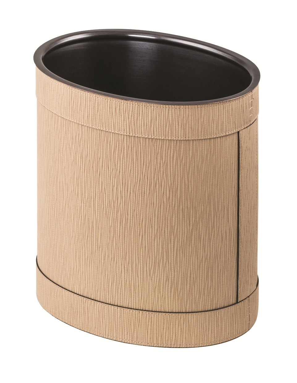 Giobagnara Crosby Oval Wastepaper Bin | All-leather structure with removable inner metal part | Available in three finishes: polished chrome, brushed bronze, brushed brass | Explore Luxury Lifestyle Accessories at 2Jour Concierge, #1 luxury high-end gift & lifestyle shop