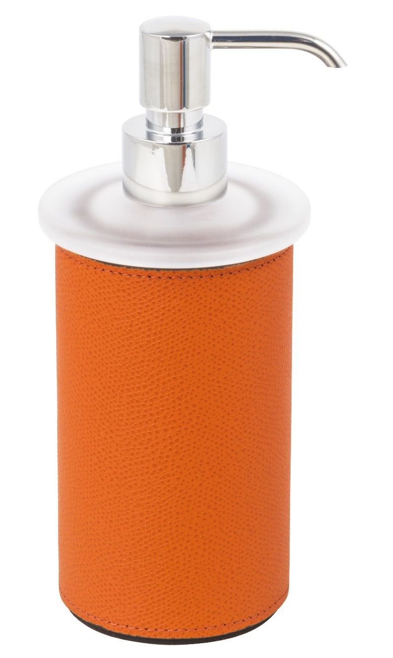 Santorini Soap Dispenser by Giobagnara | Leather-covered mouth-blown frosted glass structure with a non-slip waterproof rubber base underneath | Bathroom Accessories | 2Jour Concierge, your luxury lifestyle shop