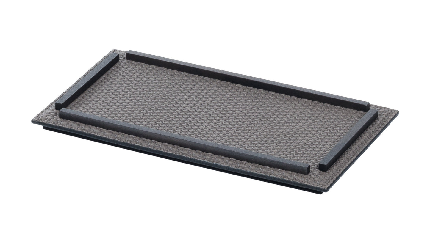 Giobagnara | Campo Leather-Covered Metal Rectangular Valet Tray: Rectangular leather-covered metal valet tray with decorative metal frame in chrome, bronze, or brass, two sizes | Decor / Bathroom | 2Jour Concierge, your luxury lifestyle shop | luxury valet tray, leather rectangular tray, Giobagnara Campo, Italian luxury accessories, designer valet tray, leather metal tray, chrome bronze brass tray, bedside catchall tray