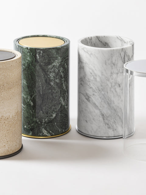 Giobagnara Positano Round Marble Bin | Brass base frame and plexiglass inner structure | Non-slip waterproof rubber base | Discover Luxury Home Accessories at 2Jour Concierge, the premier destination for luxury lifestyle essentials