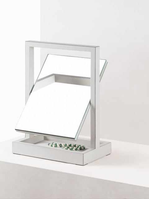 Giobagnara | Aurora Freestanding Mirror with Valet Tray: Leather-covered mirror with integrated tray and rotating structure | Bathroom / Freestanding Mirrors | 2Jour Concierge, your luxury lifestyle shop | premium dressing accessories for expensive interiors, bathrooms, and refined hospitality environments