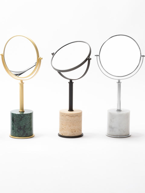 Giobagnara | Positano Marble Freestanding Mirror: Rotating mirror with marble base and metal frame in chrome, bronze, or brass | Jewels + Accessories / Freestanding Mirrors | 2Jour Concierge, your luxury lifestyle shop | refined vanities, dressing rooms, and modern interiors