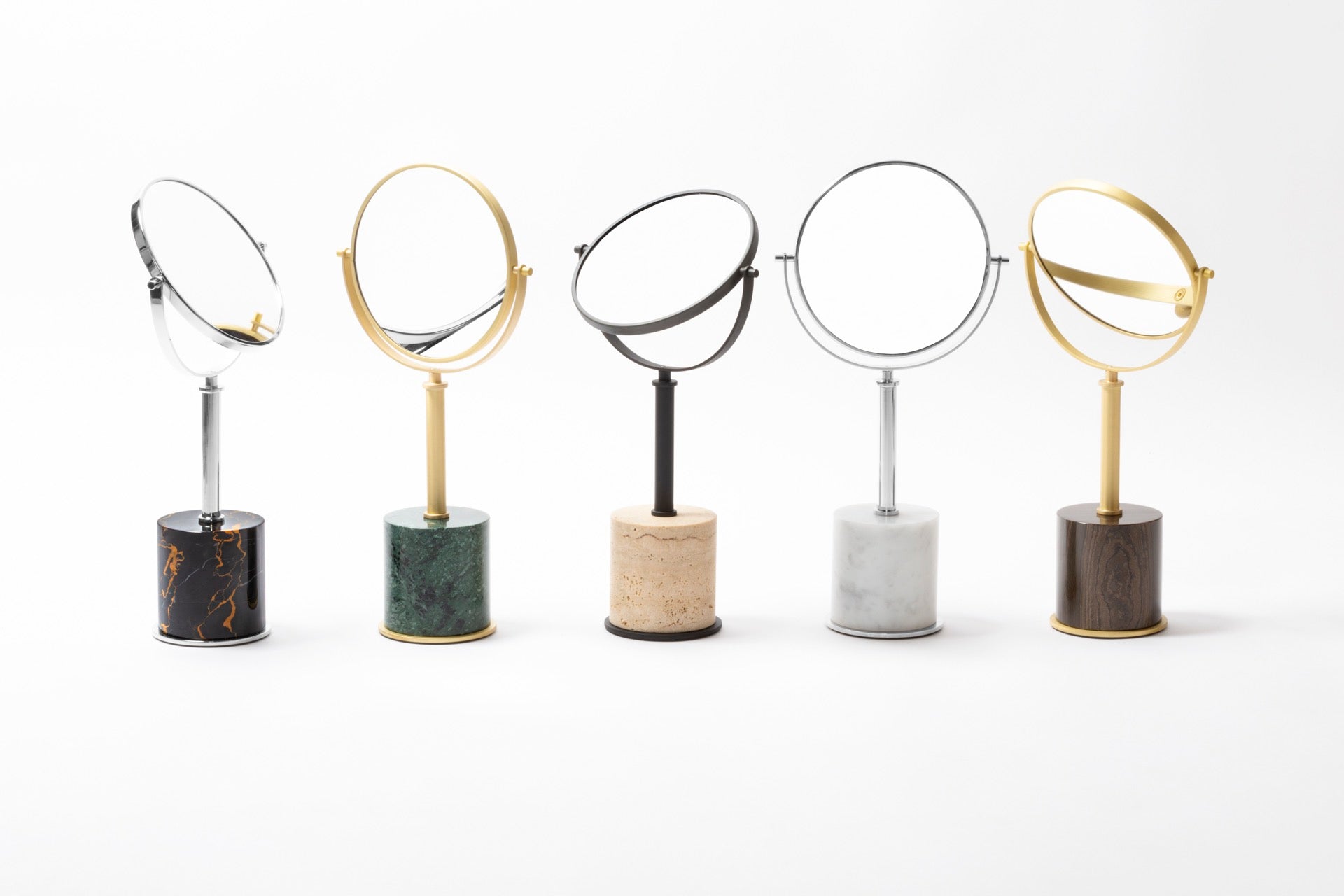 Giobagnara | Positano Marble Freestanding Mirror: Rotating mirror with marble base and metal frame in chrome, bronze, or brass | Jewels + Accessories / Freestanding Mirrors | 2Jour Concierge, your luxury lifestyle shop | refined vanities, dressing rooms, and modern interiors