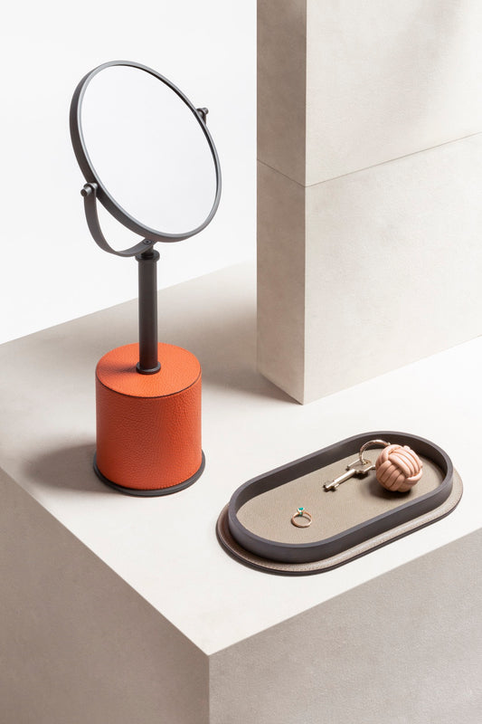 Giobagnara | Positano Freestanding Mirror: Leather-covered mirror with metal structure in chrome, bronze, or brass | Jewels + Accessories / Freestanding Mirrors | 2Jour Concierge, your luxury lifestyle shop | refined vanities, luxury bathrooms, and elegant dressing rooms