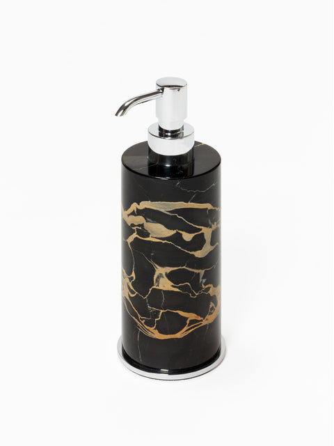 Giobagnara Positano Marble Soap Dispenser | Marble structure with brass base frame | Non-slip waterproof rubber base underneath | Part of Positano Marble Bathroom Set | Unique Stone Patterns | Explore the Positano Collection at 2Jour Concierge, #1 luxury high-end gift & lifestyle shop
