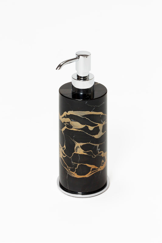 Giobagnara Positano Marble Soap Dispenser | Marble structure with brass base frame | Non-slip waterproof rubber base underneath | Part of Positano Marble Bathroom Set | Unique Stone Patterns | Explore the Positano Collection at 2Jour Concierge, #1 luxury high-end gift & lifestyle shop