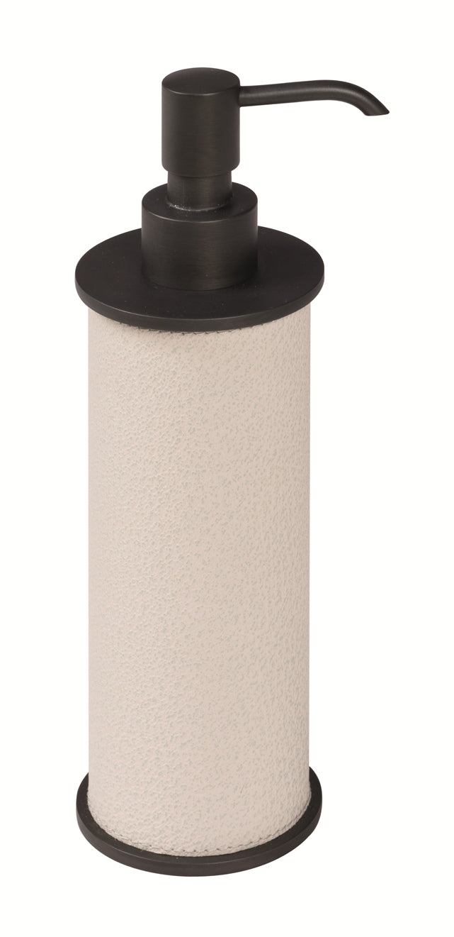 Giobagnara Positano soap dispenser | Elegant leather-covered dispenser available in small or large size | Solid brass structure with matching base and knob | Finished with a non-slip waterproof rubber base | Available in chrome, bronze, or brass finishes | Bathroom accessories | 2Jour Concierge, your luxury lifestyle shop