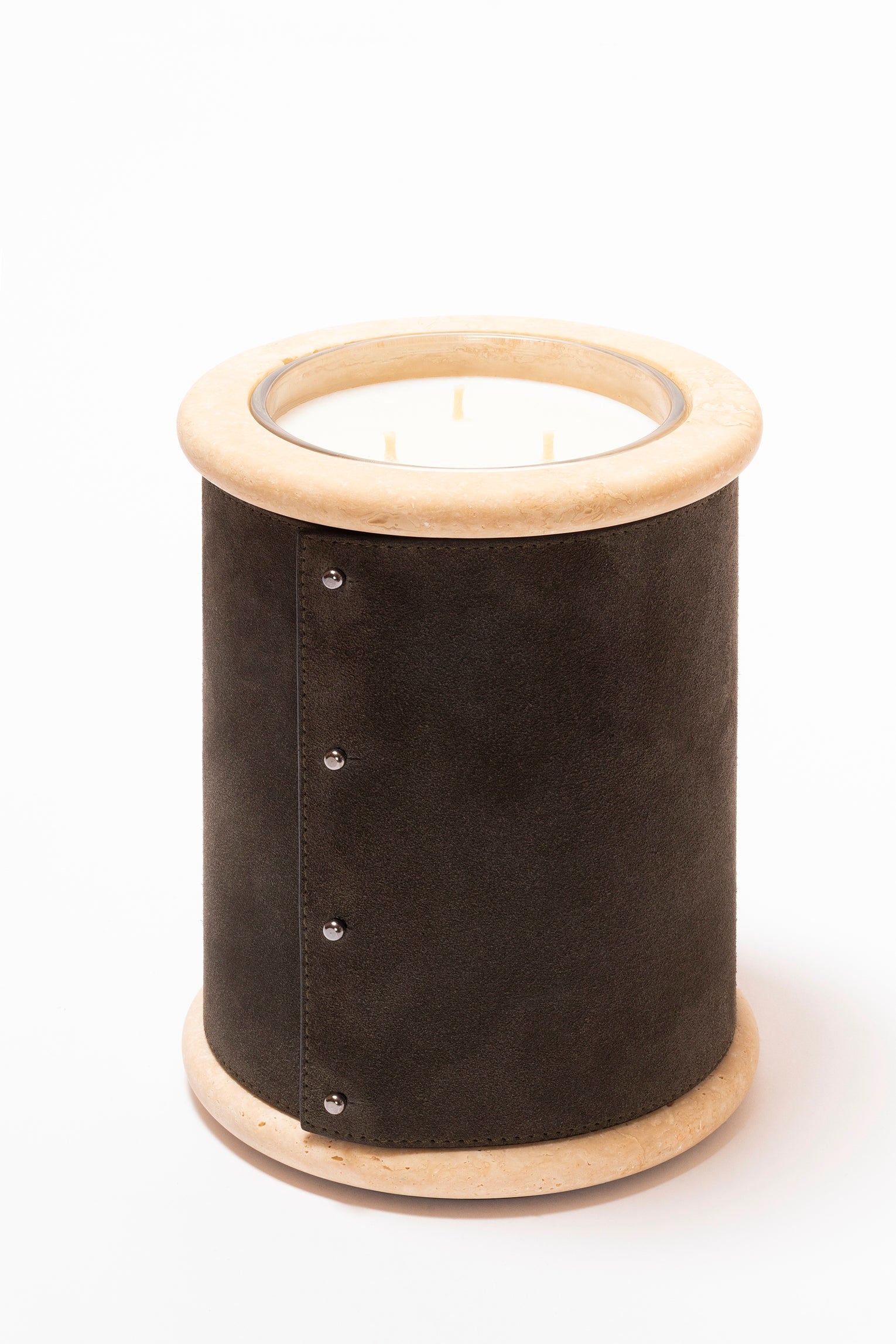 Giobagnara Ercolano leather & marble candle holder | Marble structure with removable wax candle and chrome-plated button details | Available in travertino marble | A refined blend of natural stone and luxury finishes | Home decor & candle holders | Versions: regular small (1 wick), low large (5 wicks), high large (3 wicks) | 2Jour Concierge, your luxury lifestyle shop