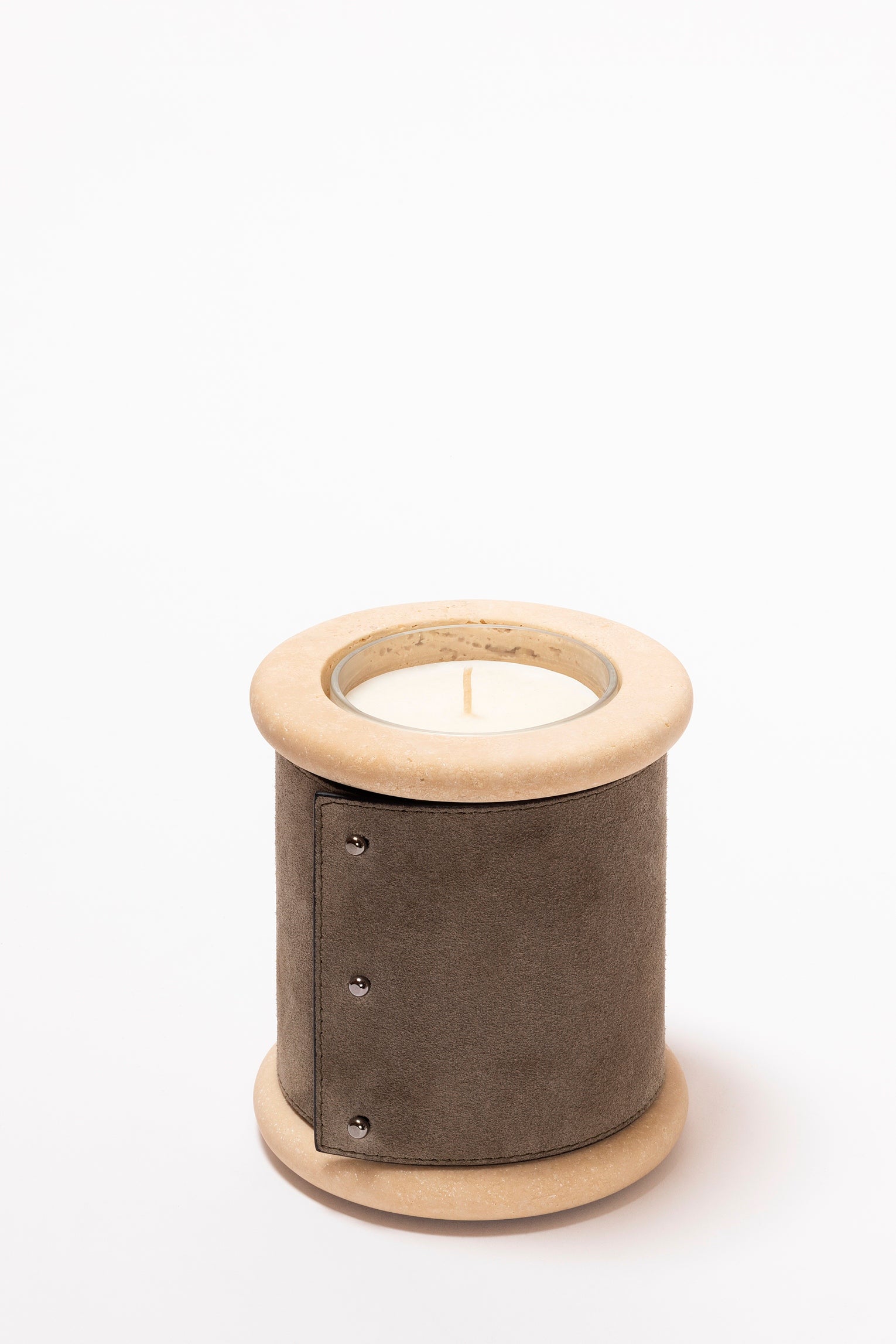 Giobagnara Ercolano leather & marble candle holder | Marble structure with removable wax candle and chrome-plated button details | Available in travertino marble | A refined blend of natural stone and luxury finishes | Home decor & candle holders | Versions: regular small (1 wick), low large (5 wicks), high large (3 wicks) | 2Jour Concierge, your luxury lifestyle shop