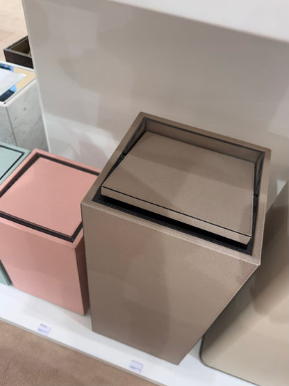 Groove Leather-Covered Wood Wastepaper Bin, Square With Removable Lid