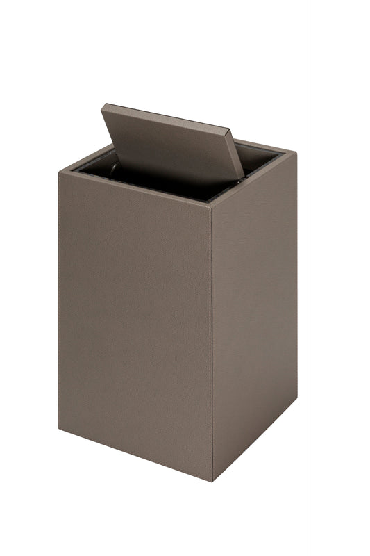 Giobagnara Groove Wastepaper Bin | Leather-covered wood structure | Non-slip waterproof rubber base underneath | Removable tilting lid and plexiglass inner structure for easy cleaning | Discover Luxury Lifestyle Accessories at 2Jour Concierge, #1 luxury high-end gift & lifestyle shop