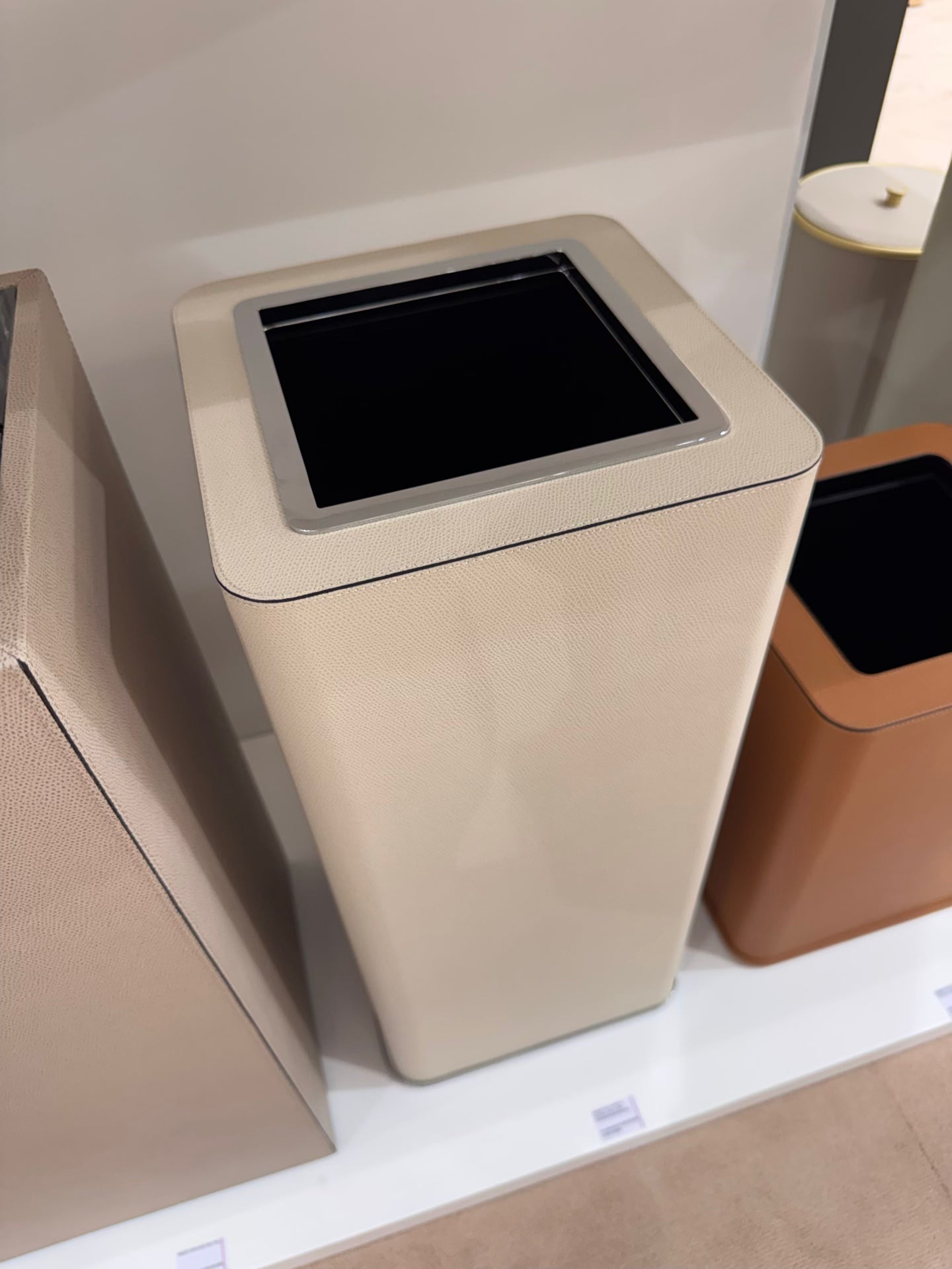 Giobagnara | Polo Metal Double Wall Bin: Leather-covered bathroom bin with metal base and concealed liner | Bathroom / Bins | 2Jour Concierge, your luxury lifestyle shop | premium bathroom accessories for expensive interiors, hotels, and curated hospitality environments