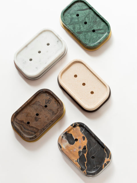 Giobagnara Polo Marble Rectangular Soap Bowl | Marble Structure with Brass Base Frame | Non-Slip Waterproof Rubber Base | Part of Polo Marble Bathroom Set | Iconic Silhouette with Rounded Corners | Unique and Exclusive Design | Explore the Polo Marble Bathroom Collection at 2Jour Concierge, #1 luxury high-end gift & lifestyle shop