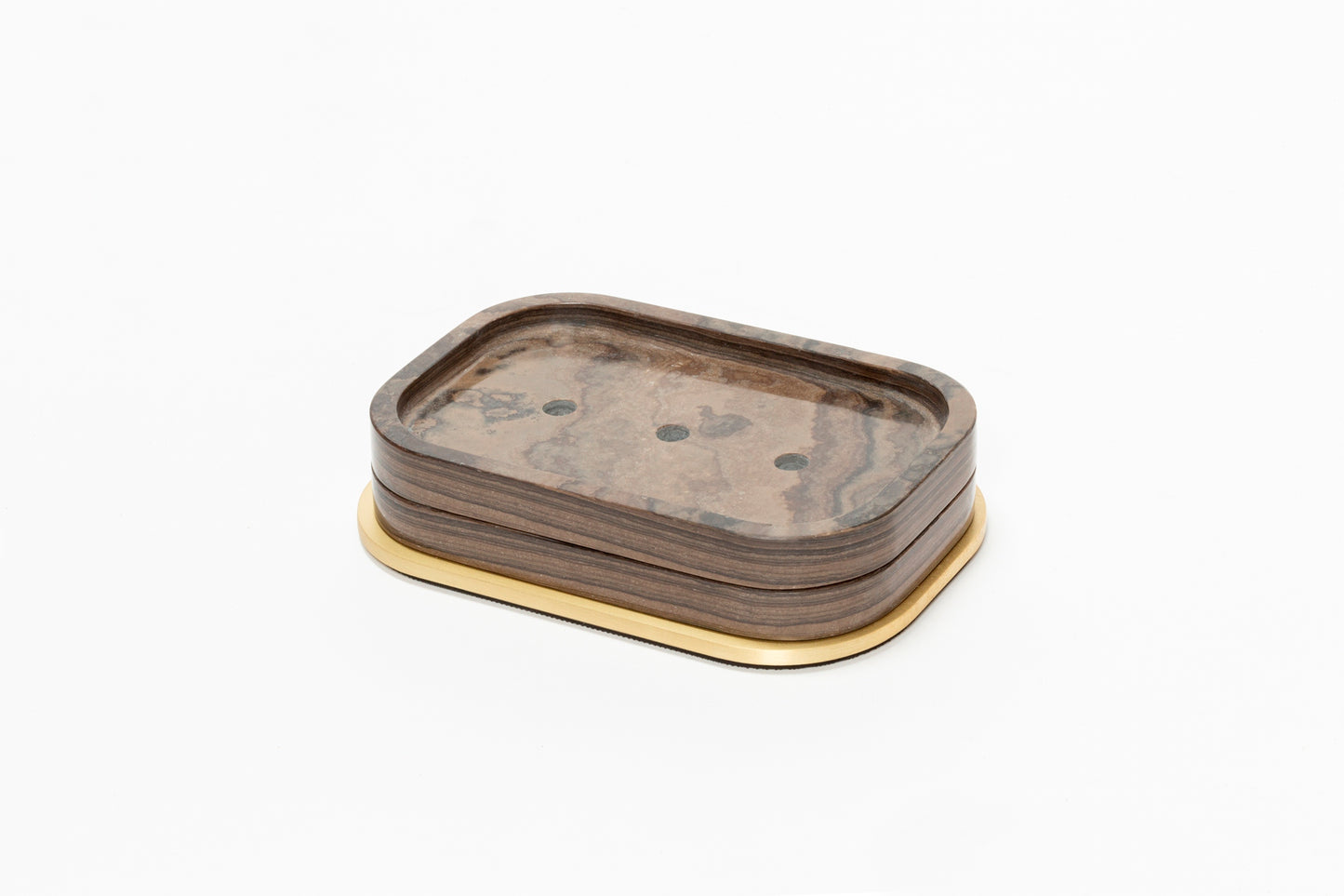 Giobagnara Polo Marble Rectangular Soap Bowl | Marble Structure with Brass Base Frame | Non-Slip Waterproof Rubber Base | Part of Polo Marble Bathroom Set | Iconic Silhouette with Rounded Corners | Unique and Exclusive Design | Explore the Polo Marble Bathroom Collection at 2Jour Concierge, #1 luxury high-end gift & lifestyle shop