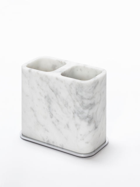Giobagnara Polo Marble Double Toothbrush Holder | Marble Structure with Brass Base Frame | Non-Slip Waterproof Rubber Base | Part of Polo Marble Bathroom Set | Iconic Silhouette with Rounded Corners | Unique and Exclusive Design | Explore the Polo Marble Bathroom Collection at 2Jour Concierge, #1 luxury high-end gift & lifestyle shop