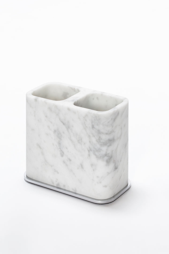 Giobagnara Polo Marble Double Toothbrush Holder | Marble Structure with Brass Base Frame | Non-Slip Waterproof Rubber Base | Part of Polo Marble Bathroom Set | Iconic Silhouette with Rounded Corners | Unique and Exclusive Design | Explore the Polo Marble Bathroom Collection at 2Jour Concierge, #1 luxury high-end gift & lifestyle shop
