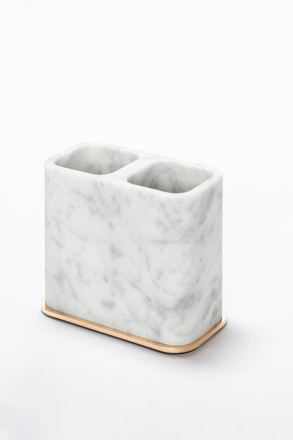 Giobagnara Polo Marble Double Toothbrush Holder | Marble Structure with Brass Base Frame | Non-Slip Waterproof Rubber Base | Part of Polo Marble Bathroom Set | Iconic Silhouette with Rounded Corners | Unique and Exclusive Design | Explore the Polo Marble Bathroom Collection at 2Jour Concierge, #1 luxury high-end gift & lifestyle shop