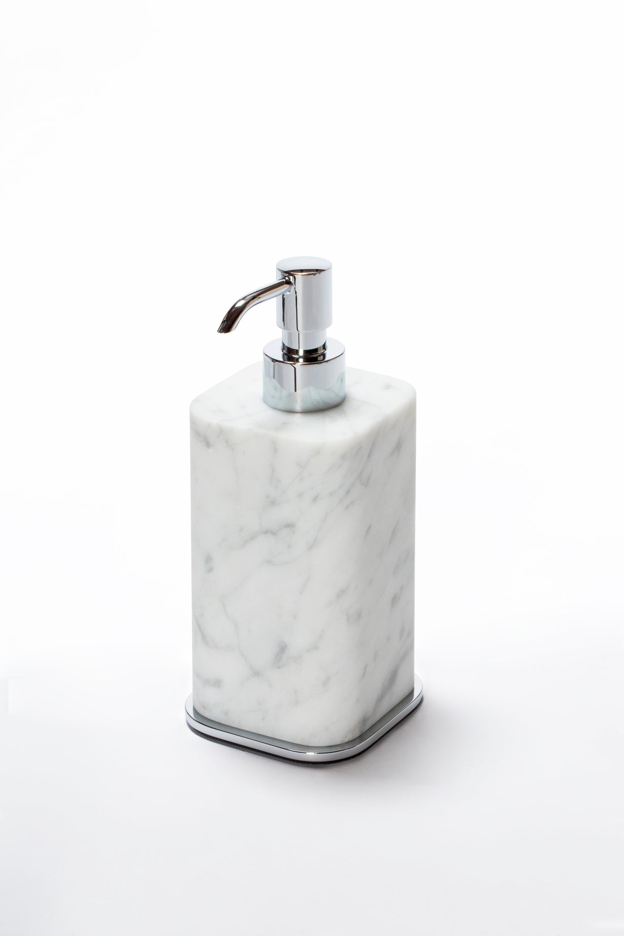 Giobagnara Polo Marble Soap Dispenser | Marble Structure with Brass Base Frame | Non-Slip Waterproof Rubber Base | Part of Polo Marble Bathroom Set | Iconic Silhouette with Rounded Corners | Unique and Exclusive Design | Explore the Polo Marble Bathroom Collection at 2Jour Concierge, #1 luxury high-end gift & lifestyle shop