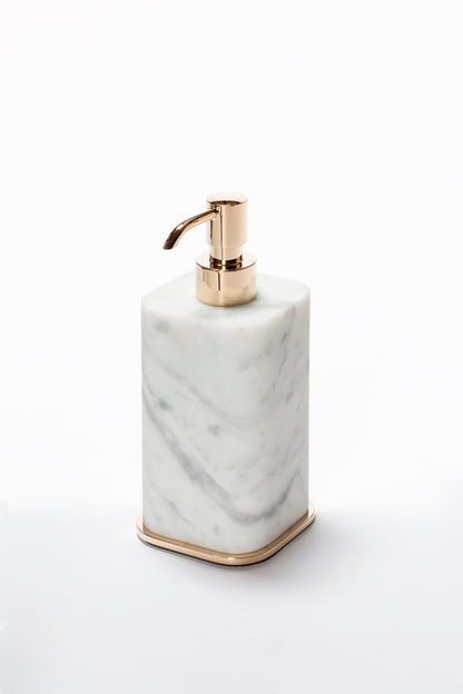 Giobagnara Polo Marble Soap Dispenser | Marble Structure with Brass Base Frame | Non-Slip Waterproof Rubber Base | Part of Polo Marble Bathroom Set | Iconic Silhouette with Rounded Corners | Unique and Exclusive Design | Explore the Polo Marble Bathroom Collection at 2Jour Concierge, #1 luxury high-end gift & lifestyle shop