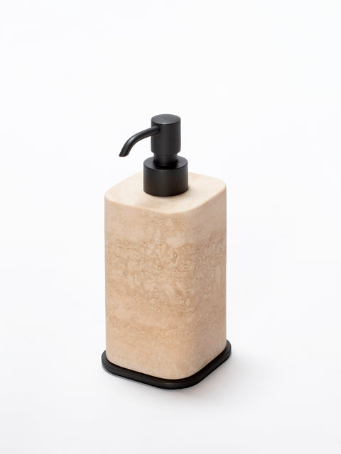 Giobagnara Polo Marble Soap Dispenser | Marble Structure with Brass Base Frame | Non-Slip Waterproof Rubber Base | Part of Polo Marble Bathroom Set | Iconic Silhouette with Rounded Corners | Unique and Exclusive Design | Explore the Polo Marble Bathroom Collection at 2Jour Concierge, #1 luxury high-end gift & lifestyle shop
