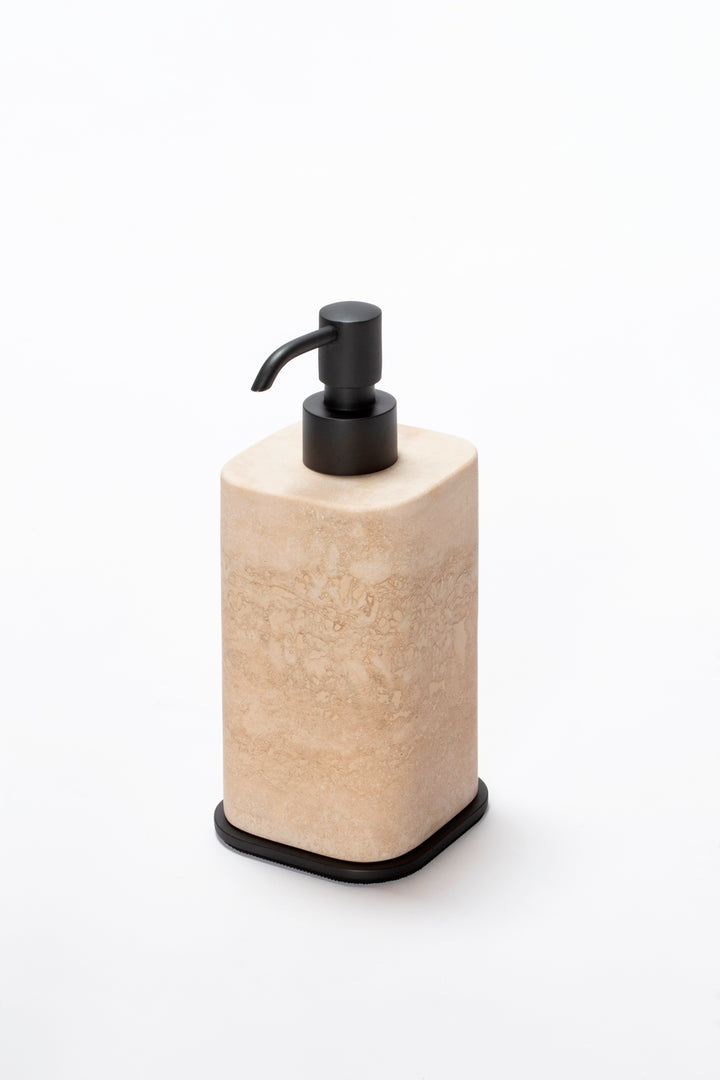 Giobagnara Polo Marble Soap Dispenser | Marble Structure with Brass Base Frame | Non-Slip Waterproof Rubber Base | Part of Polo Marble Bathroom Set | Iconic Silhouette with Rounded Corners | Unique and Exclusive Design | Explore the Polo Marble Bathroom Collection at 2Jour Concierge, #1 luxury high-end gift & lifestyle shop