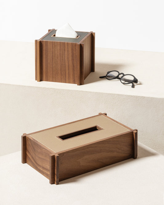 Giobagnara Structura Leather & Wood Tissue Holder | Minimalist Design with "L" Shaped Corners | Crafted from Walnut Wood and Fine Italian Leather | Leather Flaps Underneath with Velcro | Ideal for Yacht Decor